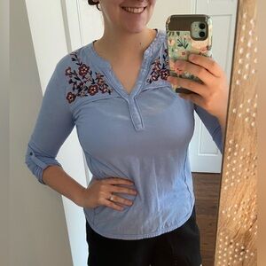 Style & Co. 100% Cotton Blue Blouse with Floral Embroidery and 3/4 Sleeves PS